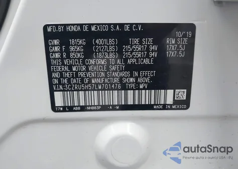 2020 Honda Hr-V 2Wd Ex из США, поврежденный, VIN 3CZRU5H57LM701476